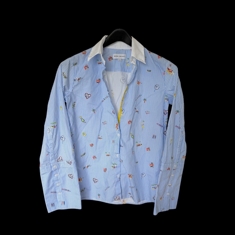 Mira Mikati Blue White Striped Embroidered Graphic Button Down Shirt US 4 EUR 36